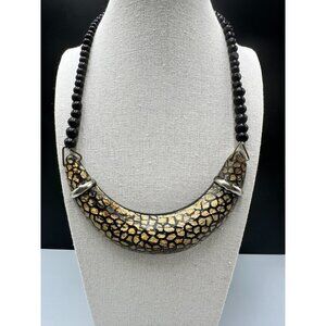 Sculptural Crescent Collar Necklace Black Beaded Chain Textured Gold Tone Center